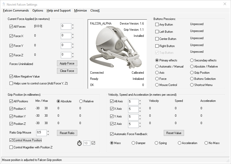 Novint Falcon Settings