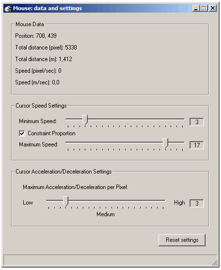 Mouse Data and Settings Window